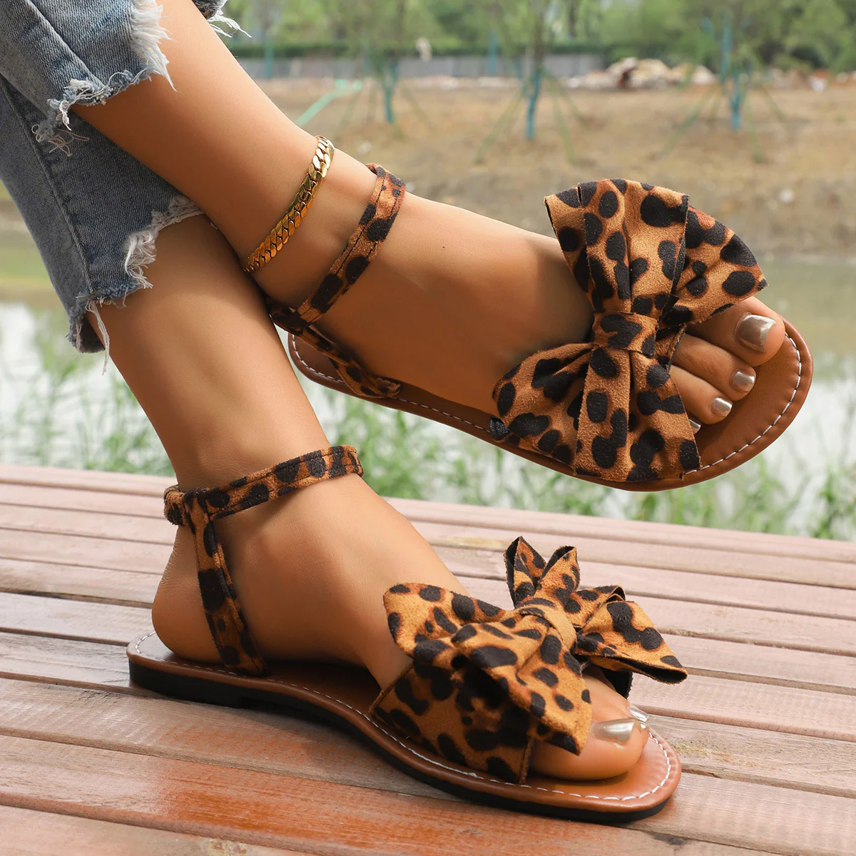 Women’s Grace Flat Sandals – Bow Detail Soft Sole Casual Beach Sandals